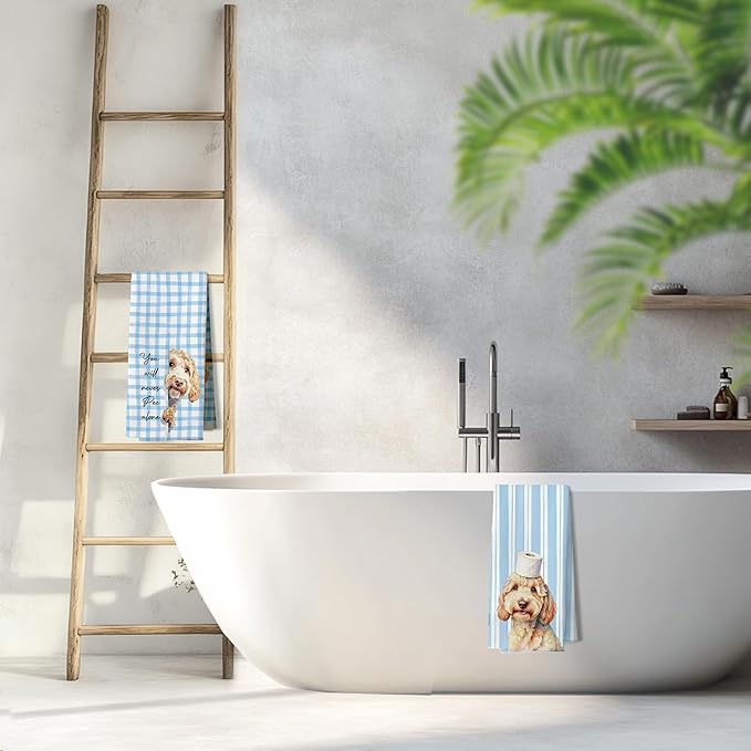 Funny Golden Doodle Bathroom Hand Towels, Goldendoodle Gifts for Women Men, Blue Preppy Plaid Striped Doodle Decorative Hand Tea Towels for Washroom Toilet Restroom, 16x24 Inches Set of 2