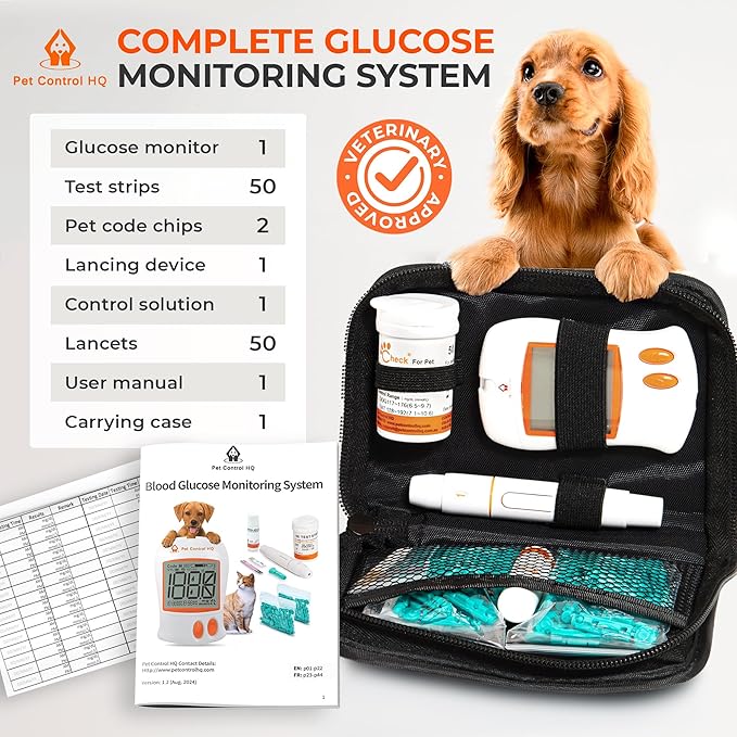 Pet Blood Glucose Monitor for Dogs & Cats – Pet Glucose Monitoring Kit Vet-Calibrated Dual Code-Chip System, 10-Second Results, 0.6µL Sample, 50 Test Strips, Complete Home Diabetes Testing