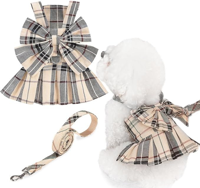 PUPTECK Plaid Dog Dress with Leash - Cute Puppy Harness Clothes for Small Medium Sized Dogs, Outfits for Girl Puppy Wedding Birthday Costume