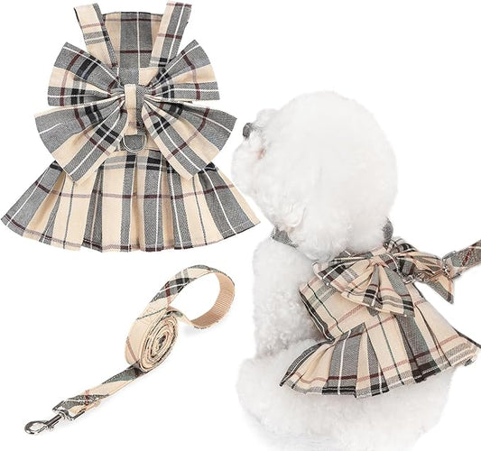 PUPTECK Plaid Dog Dress with Leash - Cute Puppy Harness Clothes for Small Medium Sized Dogs, Outfits for Girl Puppy Wedding Birthday Costume