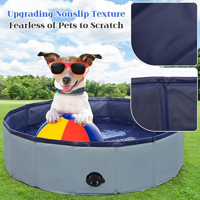 Foldable Dog Pool, Portable Pet Bath Tub and Kiddie Swimming Pool, Collapsible Bathtub for Puppies, Small, Medium and Large Dogs, Cats and Kids, 63 x 12 in, Gray