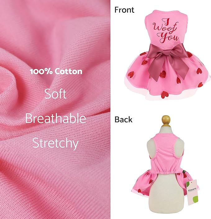 Fitwarm I Woof You Valentines Dog Dress 100% Cotton Girl Dog Clothes Pet Apparel Doggie Tutu with Bowknot Cat Clothing Puppy Dresses Doggy Costume Attire Pink XX-Small