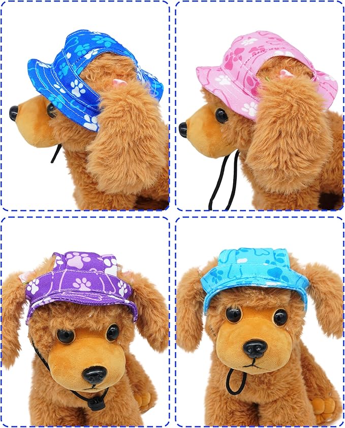 PET SHOW Dog Bucket Hat Paw Print Dog Visors for Small Doggy Cats Waterproof Outdoor Pet Sun Hats with Ear Holes Round Brim Adjustable Drawstring Boy Puppy Cap-Royal Blue/XS