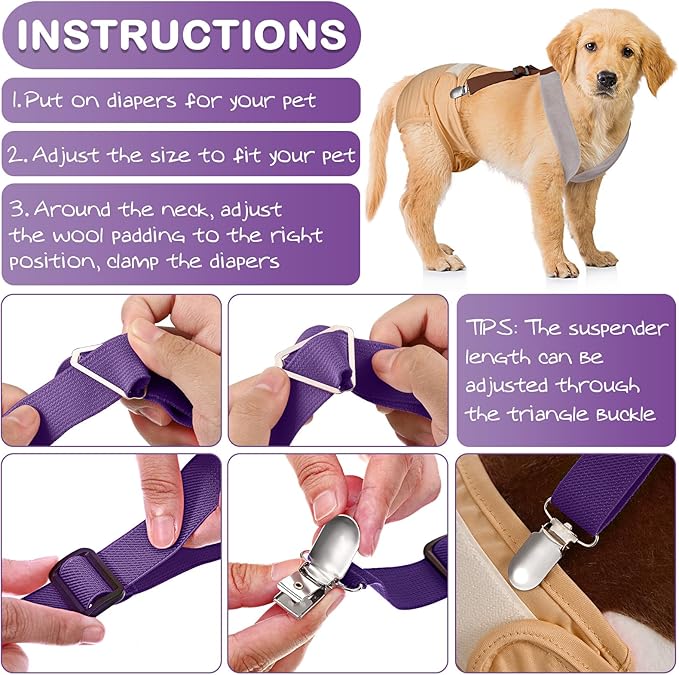 Saintrygo 2 Pcs Dog Suspenders for Diapers Female Male Belly Bands Canine Harness Keep Diaper on Your Pet for Small Medium and Large Dogs (Black,Purple,Medium)