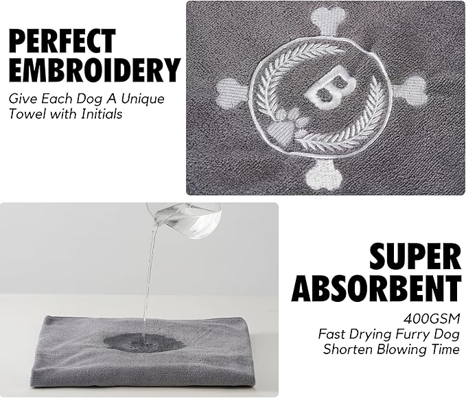 InnoBeta Personalized Dog Towels for Drying Dogs - Pack of 2 - Super Absorbent Soft Microfiber Pet Bath Grooming Towel for Dogs, Monogrammed Initial for Dogs (40 X 23.6 Inches, Grey and Brown) - A