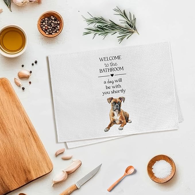 Funny Boxer Dog Hand Towels, Boxer Gifts for Women Hand Towel, A Dog Will Be with You Shortly Decorative Towels Bath Towel for Bathroom, Funny BoxerDog Bathroom Decor, 16x24in