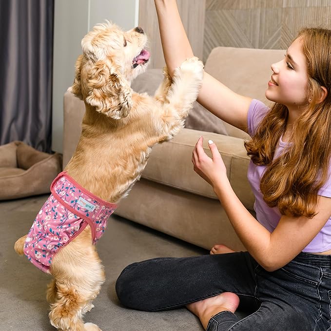 Langsprit Washable Female Dog Diapers - Doggie Reusable Diapers for Doggy Puppy Female in Period - Highly Absorbent Dog Heat Panties Flower-1 M