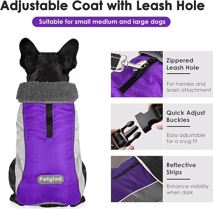 Dog Coat, Waterproof Ripstop Dog Winter Jacket with Leash Hole, Reflective Adjustable Warm Pet Fleece Snow Sweater for Small Medium Large Dogs - Purple, 3XL