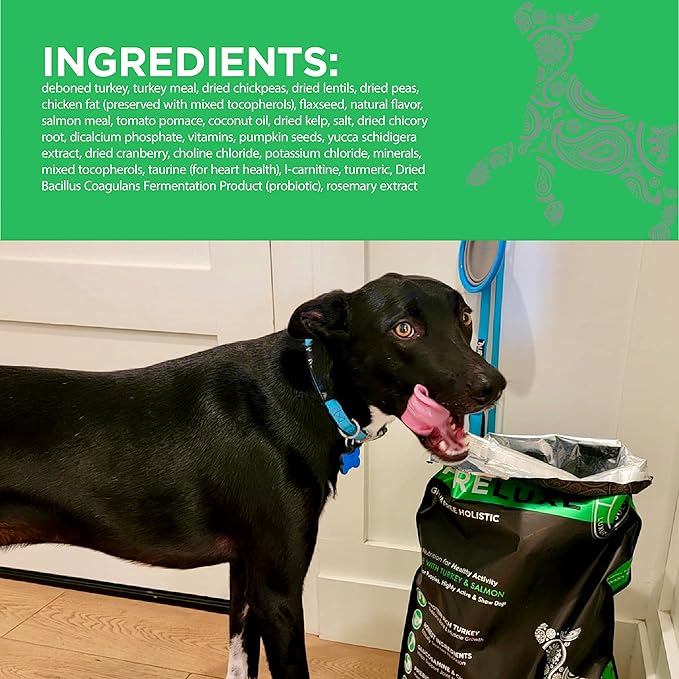 PURELUXE Grain and Gluten Free Dog Food, Healthy Activity Elite Nutrition, Turkey and Split Peas, for Indoor Puppies, High Activity, and Show Dogs During All Life Stages, Made in The USA, 22lbs