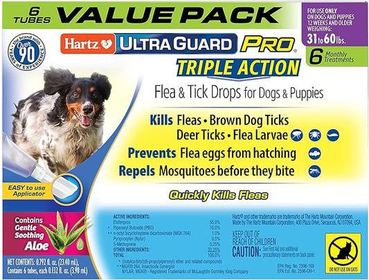 Hartz UltraGuard Pro Flea & Tick Topical Dogs & Puppies Treatment & Prevention, 6 Months, 31-60 lbs