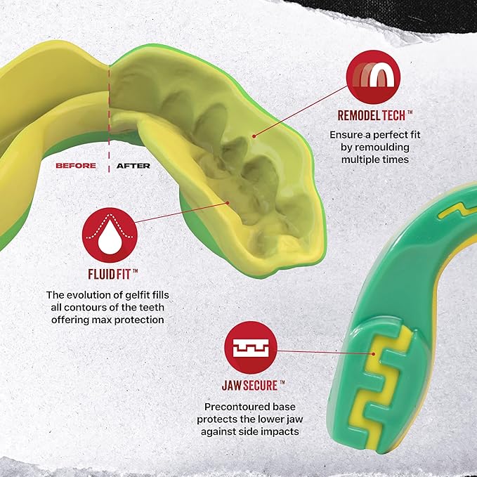 SAFEJAWZ Mouth Guard, Dual Layer Mouthguard for Adults with Case, Easy Fit Remoldable Mouthpiece for Football, Boxing, Lacrosse, MMA, Basketball & All Contact Sports (Adult 12+ Years, Ogre Green)