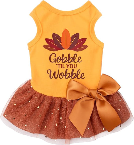 Fitwarm Gobble 'til You Wobble Dog Dress, Funny Thanksgiving Outfit for Small Dogs Girl, Festive Pet Clothes, Yellow, Orange, Small