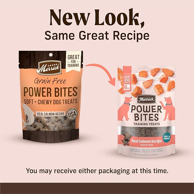 Merrick Power Bites Natural Soft And Chewy Real Meat Dog Treats, Grain Free Snack With Real Salmon Recipe - 6 oz. Bag