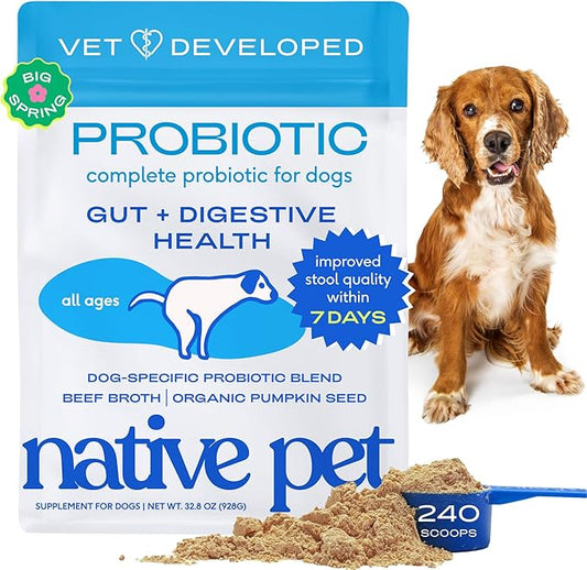 Native Pet Probiotics for Dogs – Dog Probiotic Powder for Gut & Digestive Health, Vet-Formulated 6B CFUs Dog-Specific Probiotic Strains, Supports Stool Quality & Diet Transitions – 240 Scoops