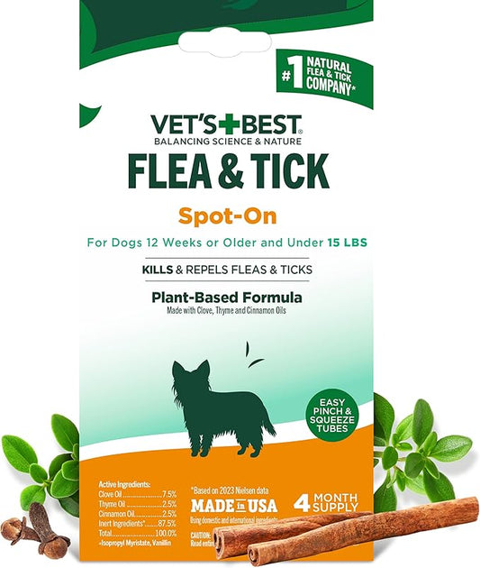 Vet’s Best Natural Flea and Tick Drops for Small Dogs, Plant-Based Spot-On Treatment with Certified Essential Oils, Topical Flea and Tick Prevention and Control, Natural Pest Care, 4 Month Supply