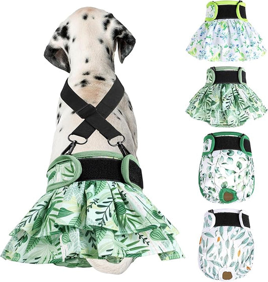 Washable Female Dog Diapers (4 Pack+1 Suspenders), Reusable Female Girl Doggy Doggie Puppy Wraps Panties Belly Band for Pet Heat Period Pooping Peeing Potty Training Incontinence Marking Leaf XLarge