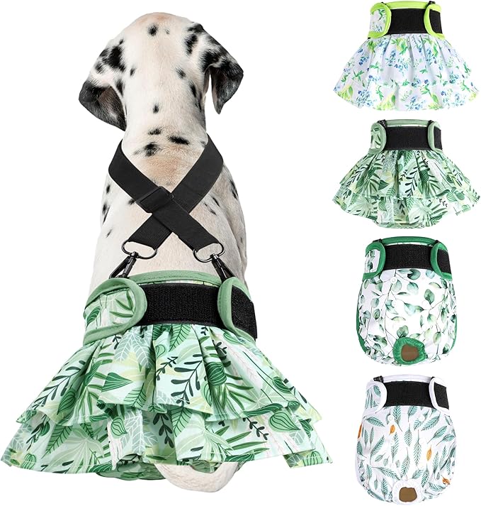 Washable Female Dog Diapers (4 Pack+1 Suspenders), Reusable Female Girl Doggy Doggie Puppy Wraps Panties Belly Band for Pet Heat Period Pooping Peeing Potty Training Incontinence Marking Leaf Medium