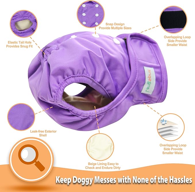 Langsprit Washable Female Dog Diapers (3 Pack) - No Leak Reusable Diapers for Doggy Female in Period - Highly Absorbent Dog Heat Panties with Adjustable Snaps (Black, Pink, Purple, Medium)