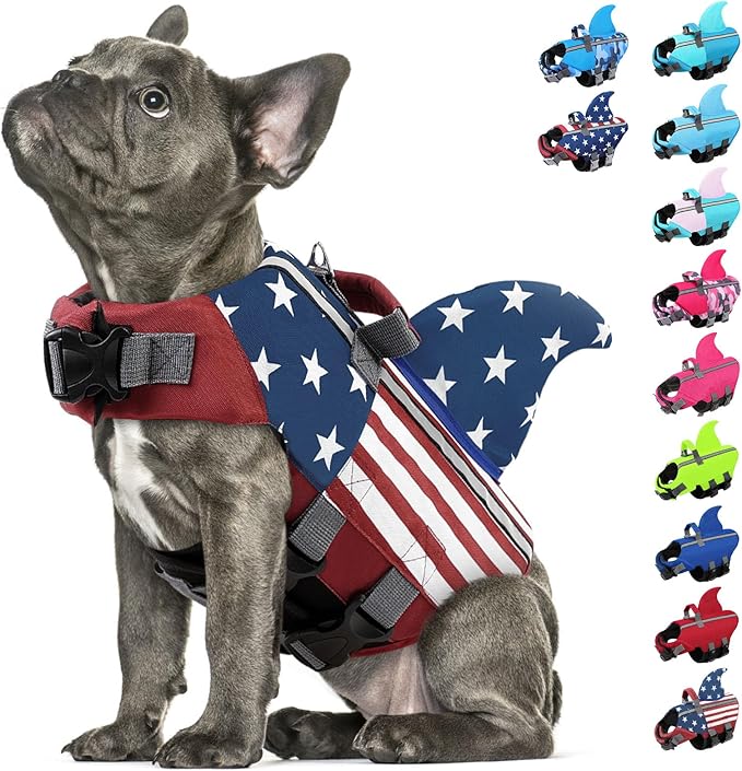 SUNFURA Dog Life Jacket Shark Life Vest for Dogs, Adjustable Swmming Vest with High Buoyancy, Safety Lifesaver with Rescue Handle for French Bulldog Small Medium Breeds, USA Flag M