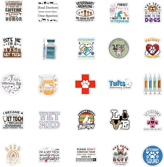 61Pcs Veterinary Stickers Pack |，Treatment Animals Medical Health Vet Tech Sticker for Water Bottle Skateboard Luggage Laptop Computer Phone Wall Surfboard