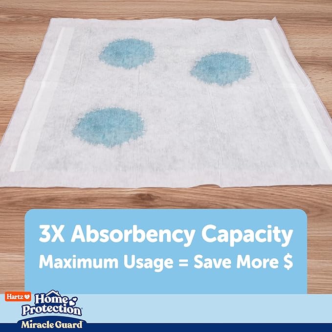 Hartz Miracle Guard Dog and Puppy Dog Pads Max Absorbency 24 Hour Use Odor Eliminating No Leaks, Regular Size 50 Count