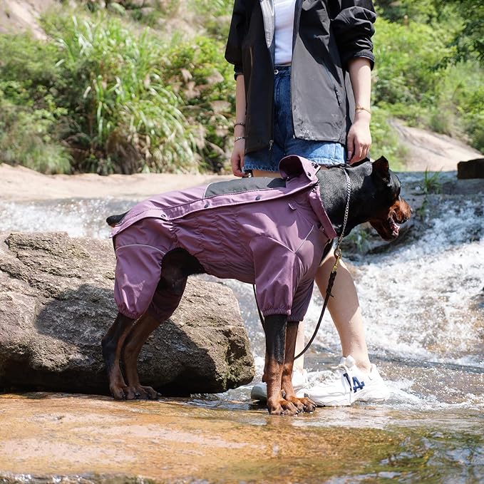 LOVELONGLONG Waterproof Dog Raincoat with Removable Hood – Outdoor Full Body Dog Jacket, Windproof Snowproof Shell Suit – All Season Pet Rain Gear Plum Purple S