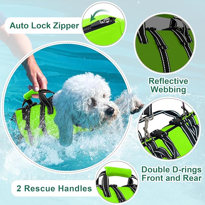 Fragralley Dog Life Jacket with Self-Locking Zipper, High-Buoyancy Ripstop Dog Swimming Vest, Floating Vest with Rescue Handle for Swimming and Boating, PFD Available for Small, Medium, and Large Dogs