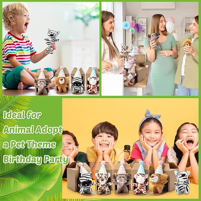 20 Set Safari Mini Jungle Animal Plush Toys Stuffed Forest Animals Plush Toys Set with Birthday Hats Kraft Paper Boxes Adopt Pet for Kid Theme Birthday Favor(Safari)