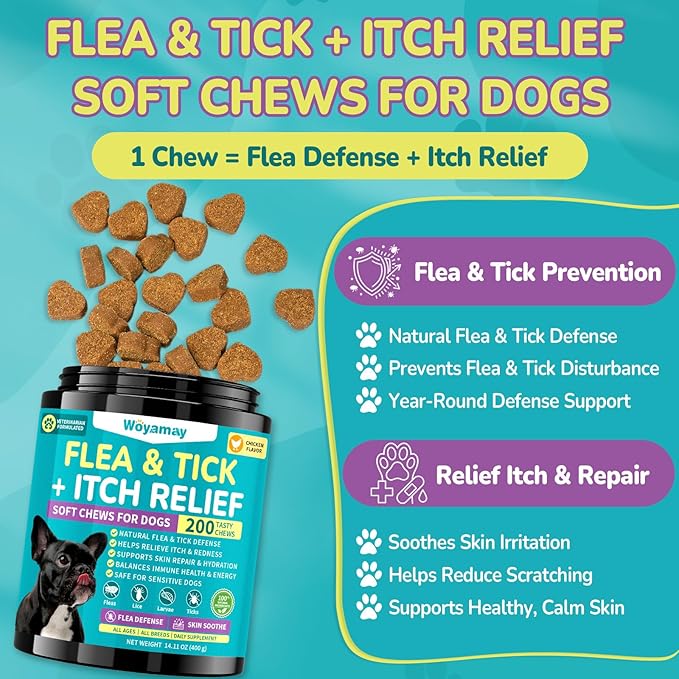 Flea & Tick + Itch Relief for Dogs Chewables, Flea and Tick Prevention for Dogs, Dog Allergy Chews, Dog Itching Skin Relief & Skin Repair, Flea Treatment Dogs, 200 Soft Chews, Chicken Flavor