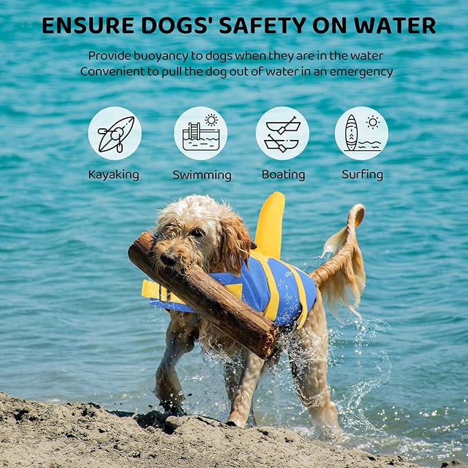 Queenmore Dog Life Jacket, Adjustable Dog Life Vest, Pet Lifesaver for Swimming, Shark Life Jacket with Rescue Handle, Rip-Stop Safety Vest for Small Medium Large Dogs