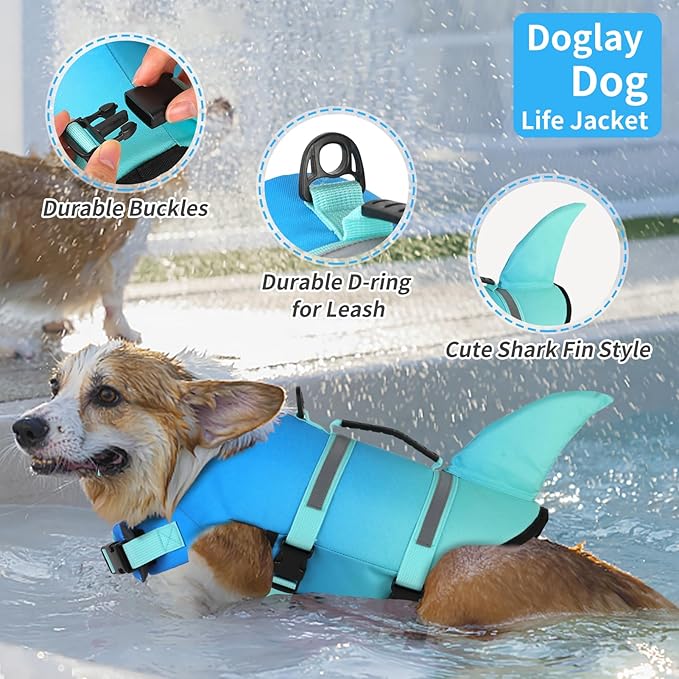 Doglay Dog Life Jacket, Ripstop Cute Shark Dog Life Jacket with Superior Buoyancy and Rescue Handle, Adjustable Dog Life Vests for Swimming Boating, Pet Flotation Vest for Small Medium Large Dogs
