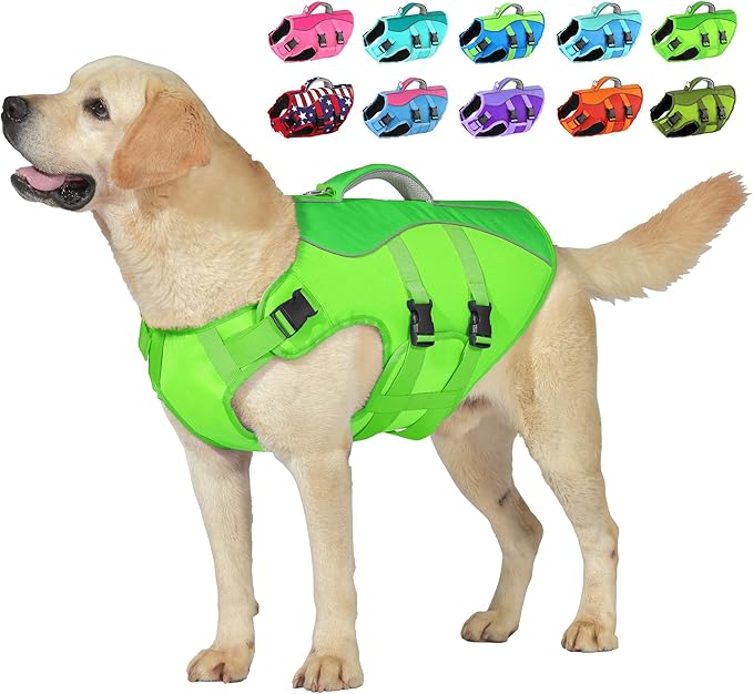 Dog Life Jacket, High Buoyancy Dog Life Vest with Handle for Swimming Boating, Adjustable Swimming Vest with Reflective Trim for Small Medium Large Dogs - Green, S
