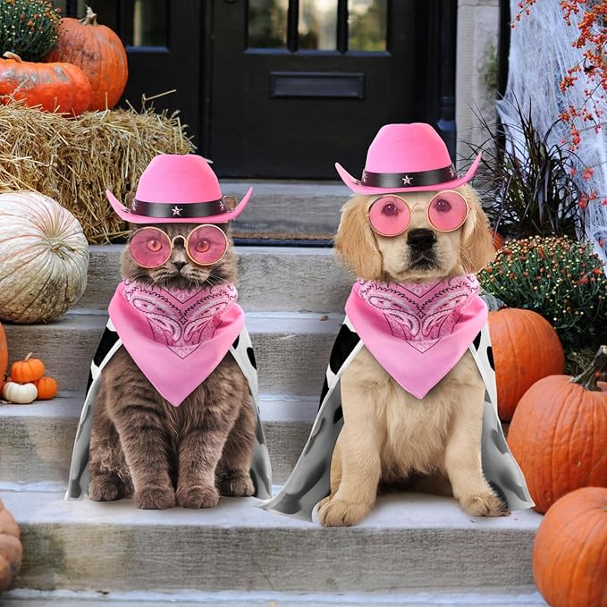 4 Pcs Halloween Dog Costumes Pet Cowboy Costume Cowgirl Hat with Bandana, Puppy Cape and Hip Hop Glasses for Halloween Dog Cat Puppy Kitten Cosplay Accessories(Medium)