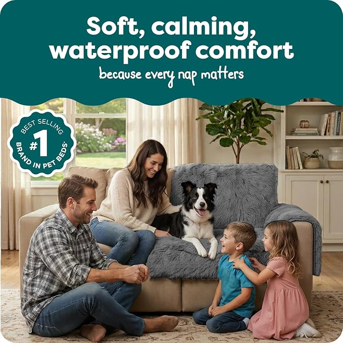 Furhaven Corner Cushion Seat Cover for Dogs & Cats, Washable, For Couches, Sectional Sofas, & L Shaped Couches - Snuggle Spot Shaggy Long Faux Fur Corner Throw - Gray, One Size