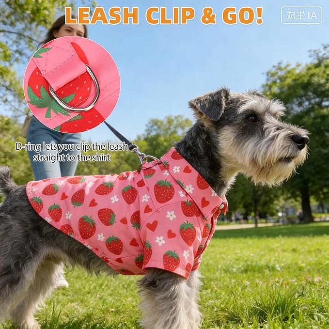 KOOLTAIL Spring Dog Shirt Outfit with Leash D-Ring, Soft Botton Up Summer Beach Pet Clothes for Small Medium Girl Dogs, Lightweight Puppy Polo Shirts for Sun & Insect Protection, Indoor Outdoor,Pink S