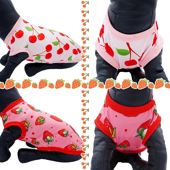 2pcs/Pack Dog Shirts Sleeveless for Large Breed Dog Girl Pink Red Strawberry Cherry Print Puppy Clothes Vest Outfit Light Soft Breathable