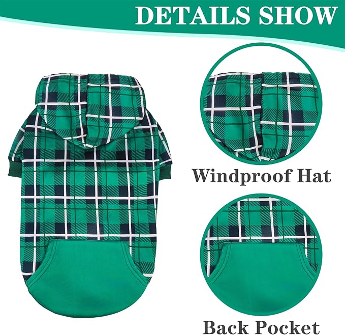 EXPAWLORER Plaid Dog Hoodie - British Style Warm Dog Sweater Shirt with Leash Hole,Pitbull Clothes Outfits,Winter Coat Apparel for All Breeds Puppy Girl Boy-Cat Apparel,Green S-Medium