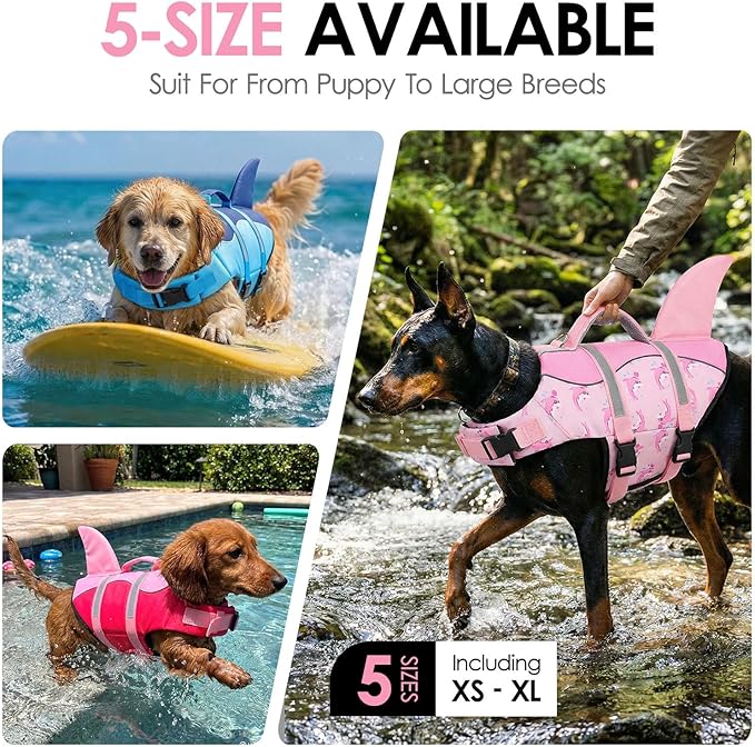 AOFITEE Dog Life Jacket, Shark Dog Life Vest for Swimming Boating, Reflective High Flotation Small Dogs Lifesaver, Ripstop Pet Swim Vest Swimsuit with Rescue Handle for Small Medium Large Dogs, S