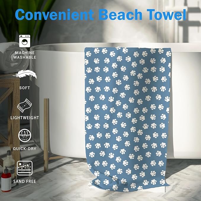 Blue Paws Dog Pet Beach Towel Gifts for Women Dog Lovers Owner, Funny Cute Quick Dry Travel Sand Free Beach Towels Oversized Decor for Bathroom Swimming Pool 30x60in