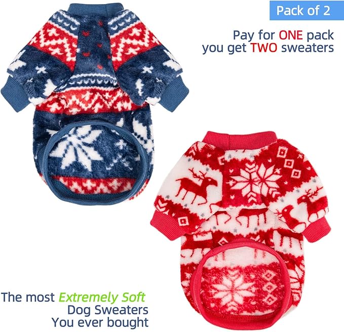 FabriCastle Christmas Dog Sweater, 2-Pack Dog Clothes XXS, Ultra Soft and Warm Pet Jackets for Small Dogs & Cats, Winter Pet Apparel Costumes, Puppy Outfits (Red,Blue, XX-Small)