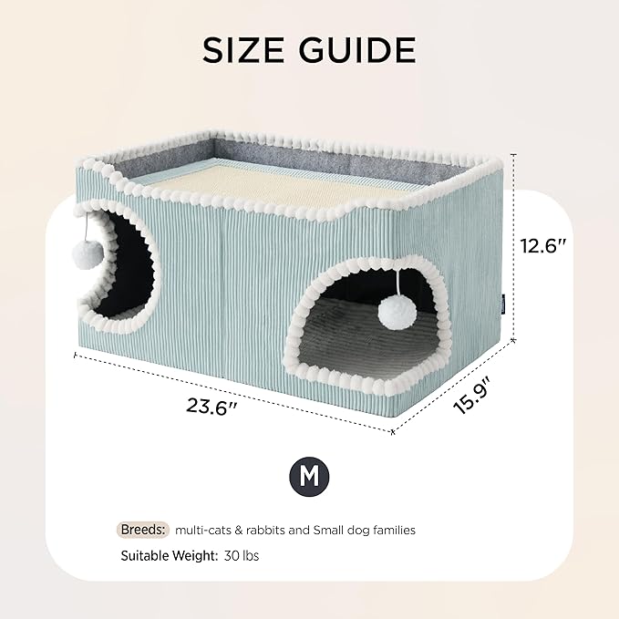 Bedsure Large Cat Beds for Indoor Cats - Extra Wide Cat House with Scratch Removable Top Sisal Pad for Multi Cats, Foldable Cave Hideaway for Entertainment, 23.6x15.9x12.6inches, Blue