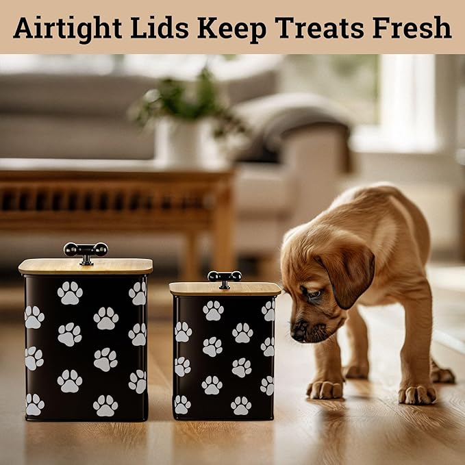 Dog Treat Container Airtight Set of 2 - 8x6 & 7x5 inch Iron Dog Treat Jars for Kitchen Counter with Airtight Bamboo Lids - 20 Cup Capacity Pet Treat Container Set - Doggie Cookie Jar - Treats Canister