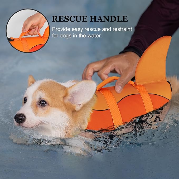 Dogcheer Dog Life Jacket, Cute Shark Dog Life Vest for Swimming Boating with Superior Buoyancy & Rescue Handle, Adjustable Puppy Floating Swim Vest for Small Medium Large Dogs - Orange, S