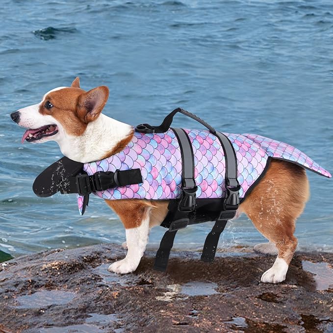 Dog Life Jacket Ripstop Pet Safety Floatation Vest Adjustable Dog Life Preserver Reflective Durable Rescue Handle Pet Lifesaver for Small Medium Large Dogs Swimming Beach Boating（Mermaid, L）