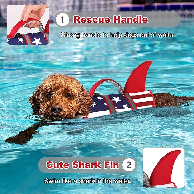 Dogcheer Harness-Style Dog Life Jacket Shark, Reflective American Flag Dog Life Vest for Swimming Boating, High Buoyancy Pet Swim Vest for Small Medium Large Dogs - USA Flag, L
