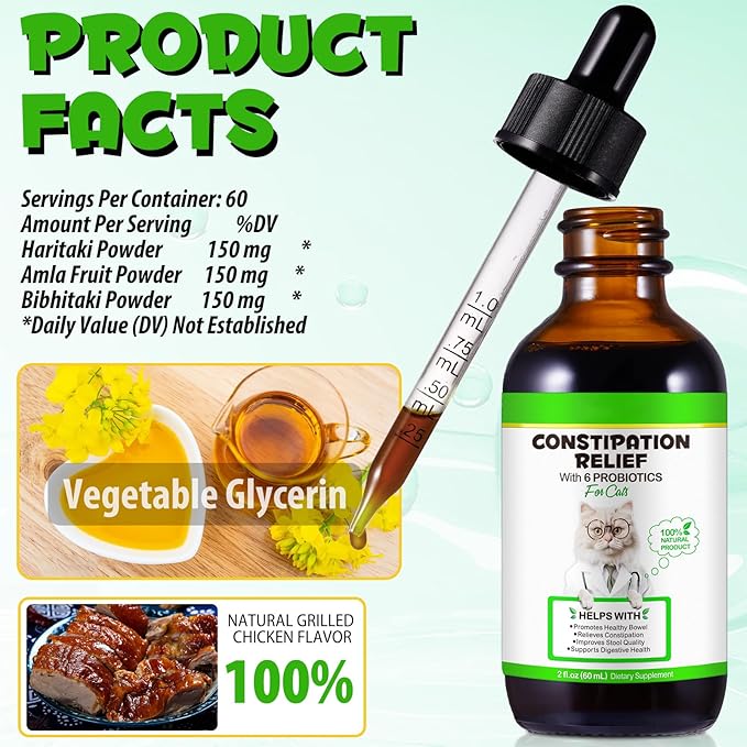 Cat Constipation Relief, Liquid Cat Laxative 60 ml, Stool Softener Pet Herbal Supplements, Promotes Digestive Health, Roast Chicken Flavour, 2 fl oz