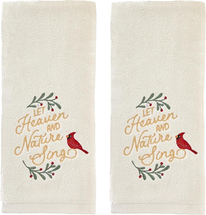 SKL Home Christmas/Winter Heaven & Nature Sing Hand Towel 2pc Set for Bath/Kitchen/Bar & Gift, Natural