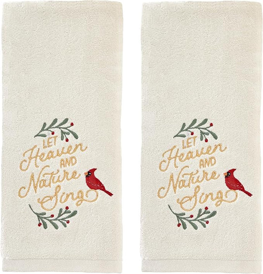 SKL Home Christmas/Winter Heaven & Nature Sing Hand Towel 2pc Set for Bath/Kitchen/Bar & Gift, Natural