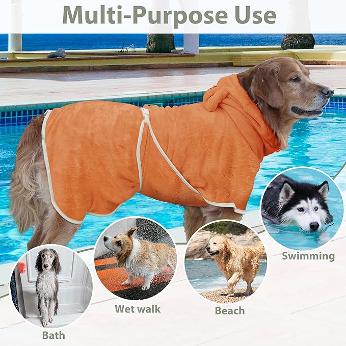 Dog Bathrobe Super Absorbent Towel Robe - Microfiber Bath Towels Fast Drying Coat for Dogs, Cute Dogs Clothes Adjustable Collar & Belly Strap Warm Keeping Hooded Dog Towel (Orange, XX-Large)
