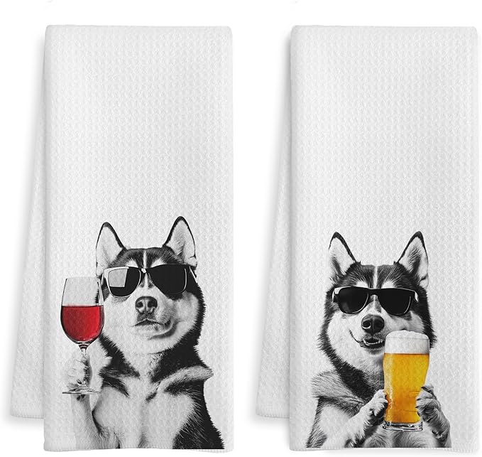 Funny Siberian Husky Kitchen Bar Towels, Gifts for Husky Lovers, Wine Beer Lovers Gifts Decorative Hand Towels for Kitchen Bar Cart Decor, 16x24 Inch Set of 2